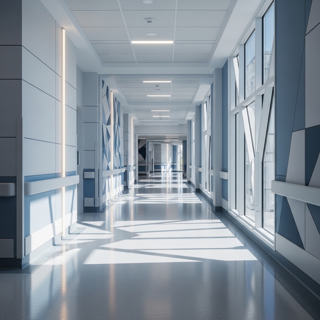 Bright, hopeful hospital corridor.